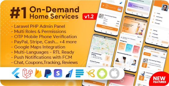 On-Demand Home Services v3.1.0  – 企业列表、带有管理面板的杂工预订