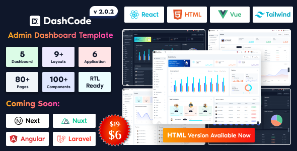 DashCode v2.0.6 - React, Vuejs, Tailwind 仪表板模板