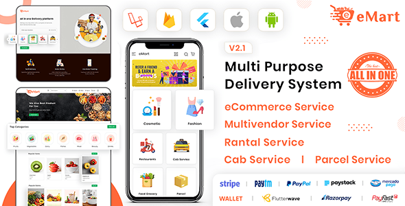 eMart v2.1.1 – 多供应商食品、电子商务、包裹、出租车预订、带管理员和网站的汽车租赁应用程序插图