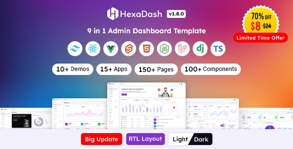 HexaDash v1.8.7 – Tailwind CSS, React, Svelte, Vue, Laravel, Nodejs, Django & HTML Admin Dashboard Template插图
