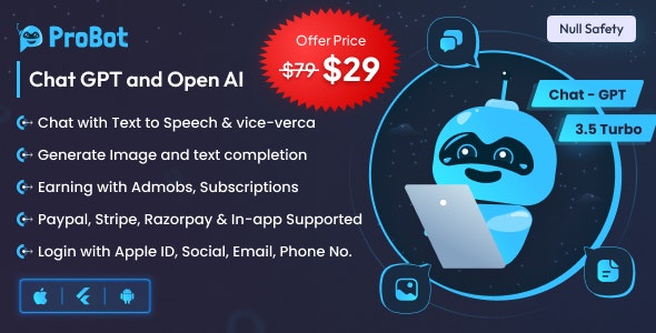ProBot v2.0.1 – 聊天GPT | 广告 | 订阅 InApp | 打开AI聊天、写作助手和图像生成器插图