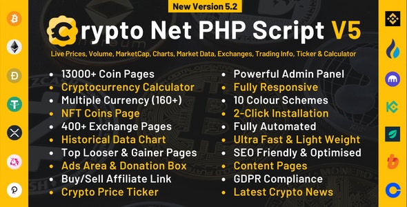 Crypto Net V5.5 – Coinmarketcap, Prices, Chart, Exchanges, Crypto Tracker, Calculator & Ticker Php Script插图