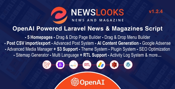 NewsLooks  v1.2.4（后端已汉化） – OpenAI 支持的 Laravel 新闻和杂志脚本插图